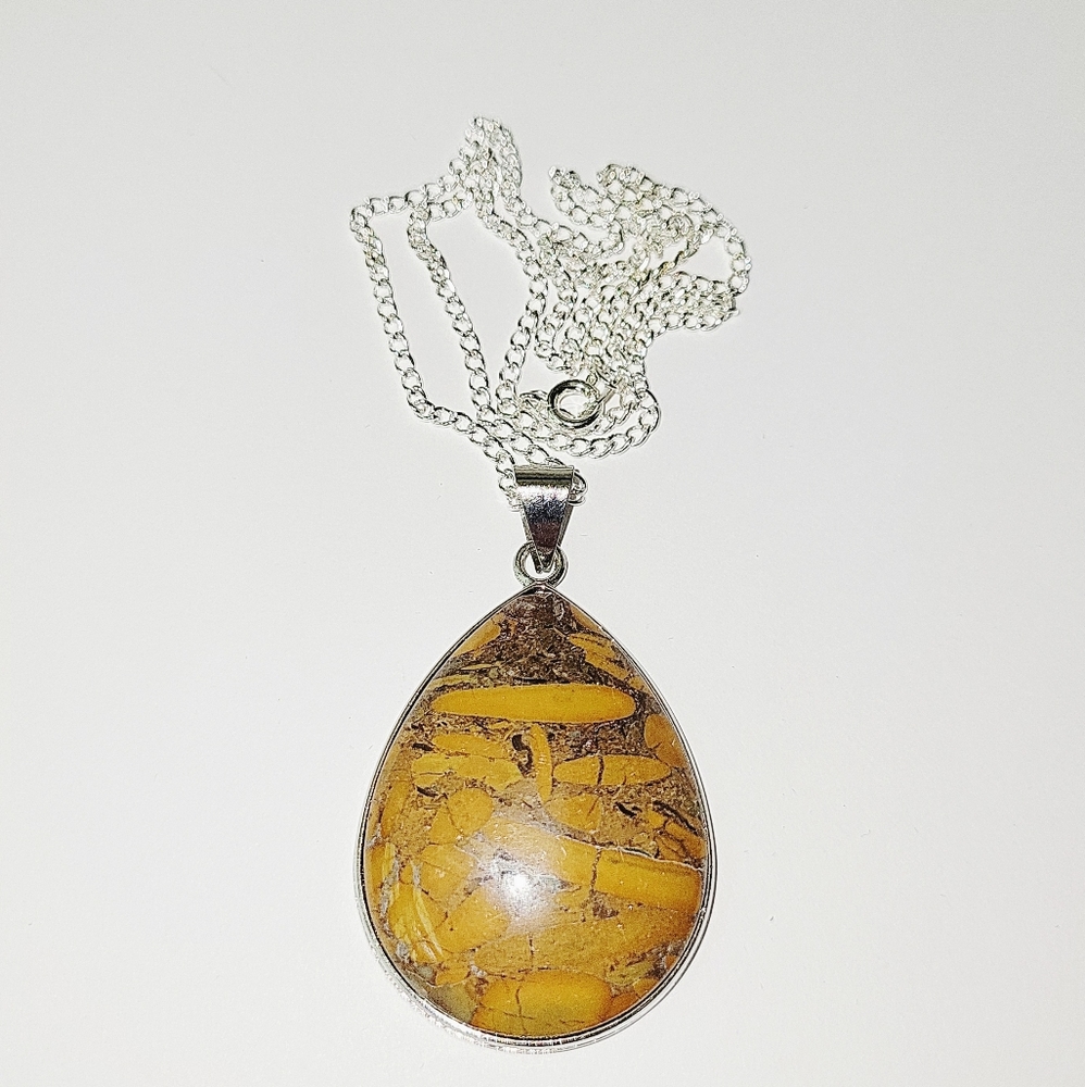 Large Bamboo Jasper Brown Pear/Teardrop Shaped Pendant w/Silvertone Chain Unisex